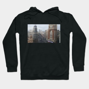 Spain, Madrid, Gran Via, Edificio Capitol - Edificio Carrión - A look from above on the street. Hoodie